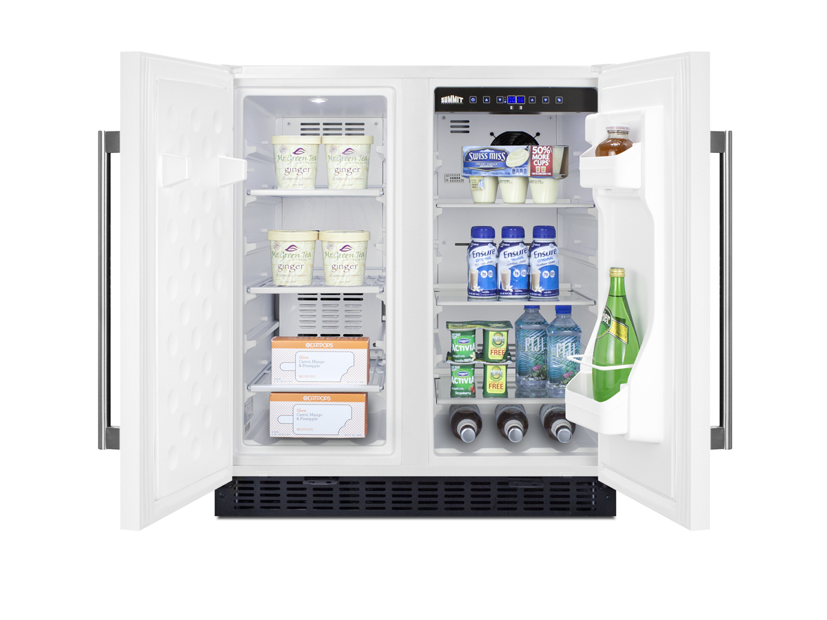 Frost-free side-by-side refrigerator-freezer for built-in or freestanding use in white finish with locks, stainless steel handles, door storage, and digital controls
